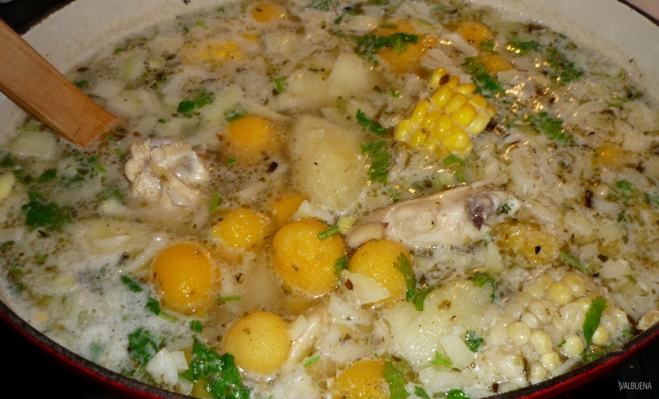 Ajiaco is a soup made with chicken, three varieties of potatoes and guascas