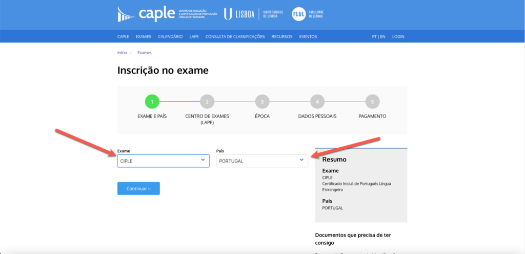 How to see what dates are available for the A2 Portuguese Ciple exam