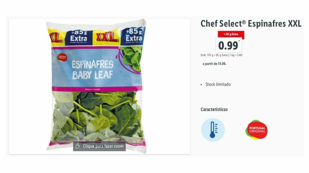 what is the price of spinach in Lidl in Lisbon