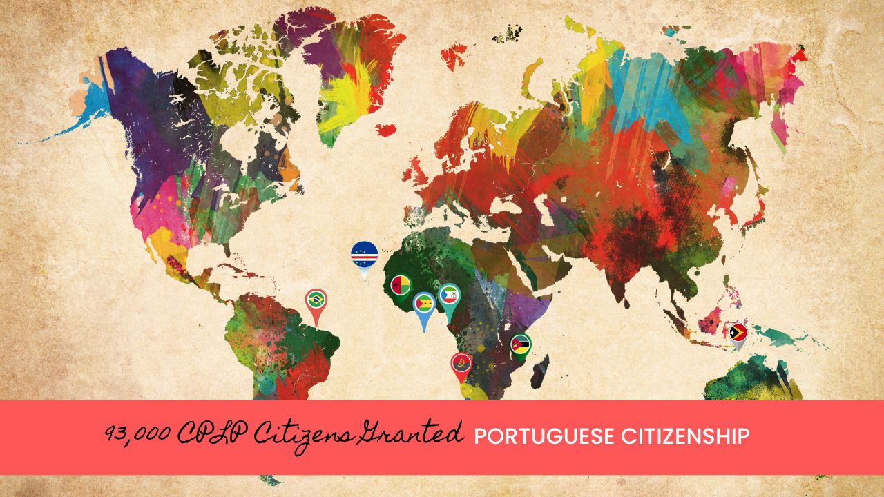 Map of the world highlighting CPLP member countries with flag markers, celebrating 93,000 CPLP citizens granted Portuguese residence permits.